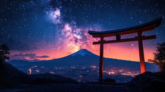 Night view of Mt. Fuji, torii gate, starry sky