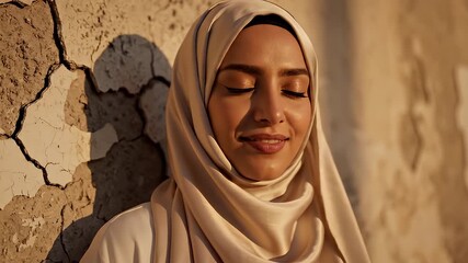 A smiling woman wearing a hijab stands outdoors near a textured, cracked wall with warm lighting, conveying a sense of confidence and cultural pride