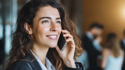Smiling businesswoman on a phone call in a modern office setting