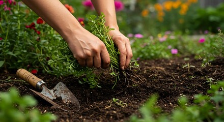 Gardening Hands Planting Flowers in Soil.