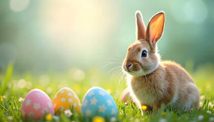 Easter bunny with colorful eggs in a field of green grass
