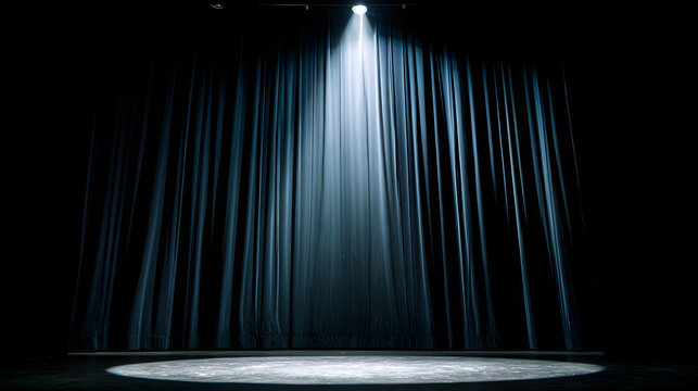 mortification. Theater curtain rises on an empty stage under a single dramatic spotlight. event programs, museum guides, designed for cultural heritage projects and event programs.