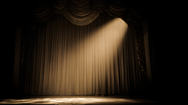 mortification. Theater curtain rises on an empty stage under a single dramatic spotlight. event programs, museum guides, designed for cultural heritage projects and event programs.