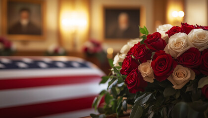 Obraz premium American flag draped coffin with roses at military funeral ceremony