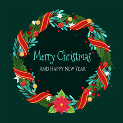 A flat illustration Christmas wreath on a dark green background. It is adorned with red ribbons, green and teal foliage, berries, stars, and a poinsettia flower at the bottom. flat illustration design
