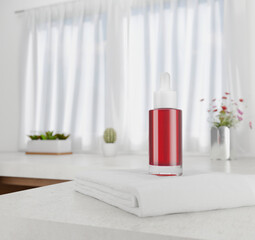 Serum Dropper Bottle Mockup on White Towel in Minimal Interior