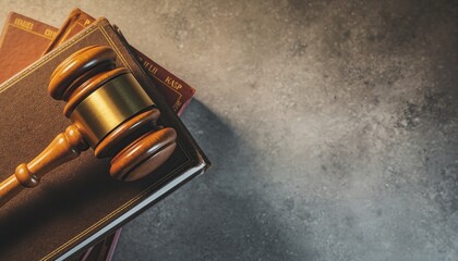 A wooden gavel with brass details resting on a stack of old legal books on a dark textured surface representing law and justice
