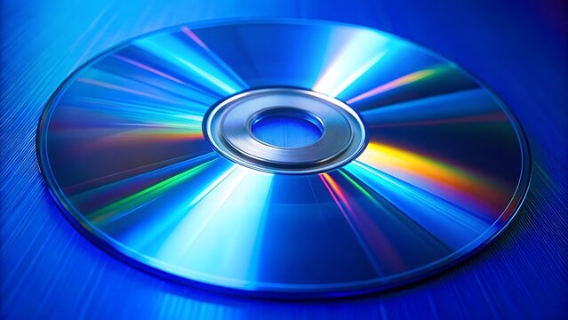 Isolated blank CD DVD disc for data storage with a shiny blue reflection on a white background