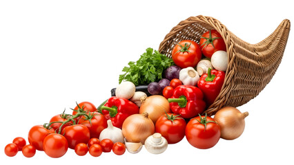 Abundant cornucopia overflowing with fresh autumn harvest vegetables and fruits