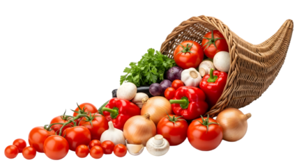 Abundant cornucopia overflowing with fresh autumn harvest vegetables and fruits