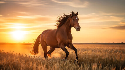 Brown Horse Running Through Golden Wheat Field at Sunset