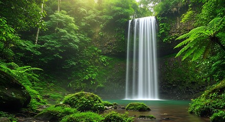 Majestic Waterfall Cascading Through Lush Green Rainforest Scenery.