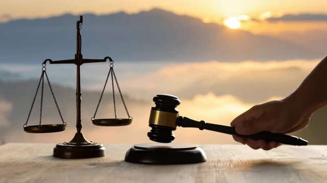 Gavel and scale resting on table, symbolizing legal system where paramount justice and fairness determine penalty for crime against dramatic sunrise