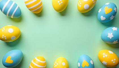 Colorful Easter eggs arranged on a pastel green background for a festive design