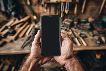 A person's hands holding a modern black smartphone with a blank screen in a woodworking workshop with scattered tools and wooden pieces in the background