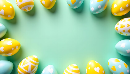 Colorful Easter eggs arranged on a pastel green background for a festive holiday