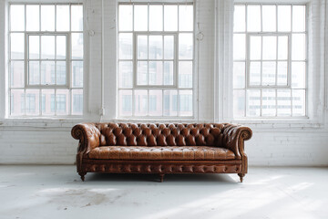 Vintage brown leather chesterfield sofa is the only piece of furniture in an empty white room with large windows