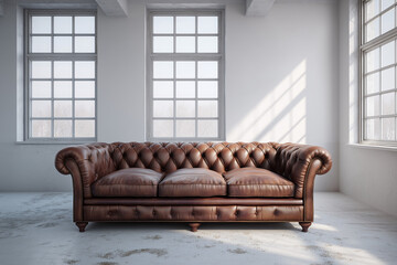 Vintage brown leather chesterfield sofa is the only piece of furniture in an empty white room with large windows