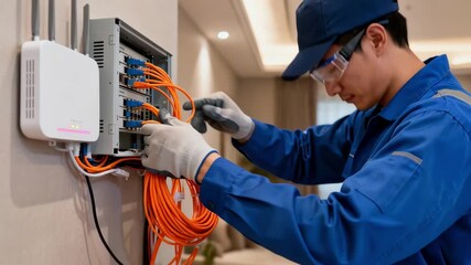 Technician carefully installing fiberoptic cables in a modern home ensuring ultrafast residential internet connectivity with advanced highspeed technology.