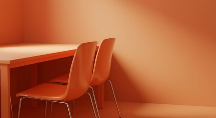 Orange chairs and table in a minimalist setting.