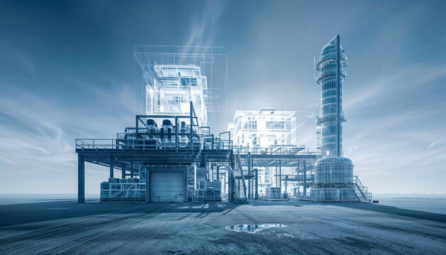 Industrial facility with transparent blueprint overlay showing architectural design and engineering structure of modern chemical or oil refinery plant