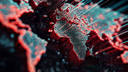 Digital world map visualization with illuminated dots and connections showing global network infrastructure and international data flow patterns