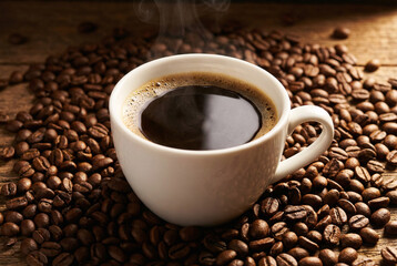 Fototapeta premium Steaming black coffee in white cup on roasted beans, hot espresso breakfast drink, cafe, caffeine and energy concept.