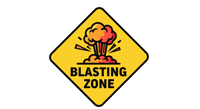 Warning Sign Indicating a Blasting Zone Depicting an Explosive Orange Cloud