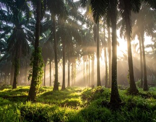 Sunrise through a palm tree grove