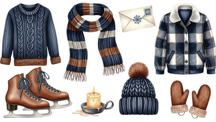 Winter Clothing and Accessories Clipart Set with Sweater, Scarf, Jacket, Ice Skates, Mittens, Candle and Knit Hat, Watercolor Illustration