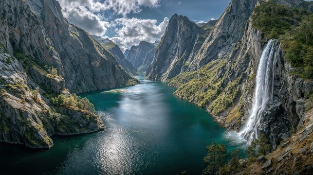 Dramatic fjord landscape with steep cliffs, turquoise water, cascading waterfall and lush vegetation under cloudy sky