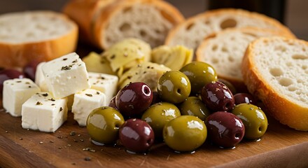 Mediterranean Delights - Cheese, Olives, and Bread on Wooden Board.