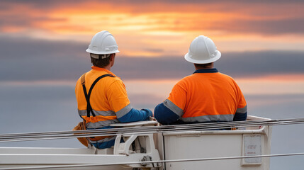 Two electricians wearing safety gear stand in lift basket at sunset, working outdoors with dramatic sky background