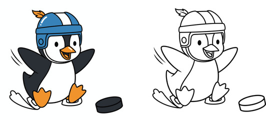 A vector illustration of a cute cartoon penguin playing ice hockey. For a coloring book a happy animal skater wearing a helmet and a puck in outline and color
