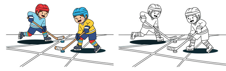 Obraz premium A vector image of two contented cartoon youngsters engaged in an ice hockey competition Adorable young skaters with sticks and a puck in outline and color for a coloring book