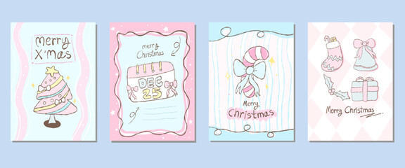 Fototapeta premium A collection of four charming Christmas cards with delightful illustrations and festive themes, each showcasing different elements of the holiday season, Pastel Christmas card design No red and green
