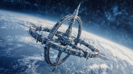 Massive orbital space station ring structure floating above Earth with starry cosmic background showing advanced futuristic satellite technology architecture