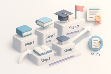 Layered books, graduation caps, certificates, study icons, and milestone flags form a step-by-step learning journey infographic. Arrows and progress bars emphasize academic growth