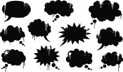 Collection of grungy graffiti spray paint speech bubbles thought clouds and starburst comic dialogue boxes dripping paint