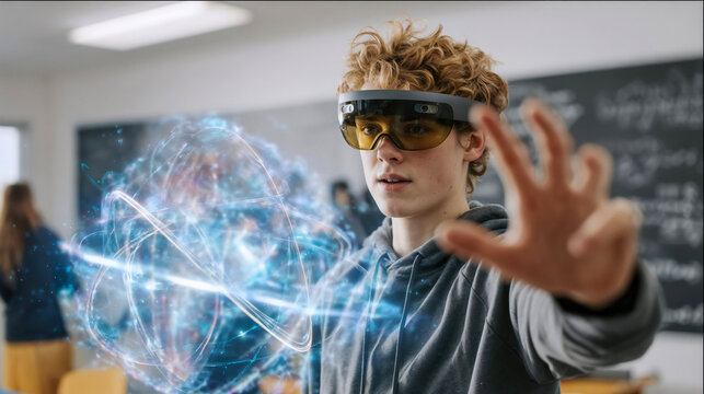Student using augmented reality headset interacting with holographic 3D molecular structure in modern classroom for immersive educational technology learning