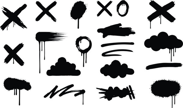 Abstract set of black graffiti grunge X marks clouds brush strokes and circle shapes with heavy paint drips