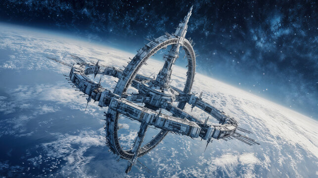 Massive orbital space station ring structure floating above Earth with starry cosmic background showing advanced futuristic satellite technology architecture - Powered by Adobe