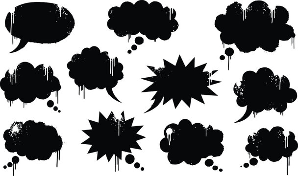 Collection of grungy graffiti spray paint speech bubbles thought clouds and starburst comic dialogue boxes dripping paint