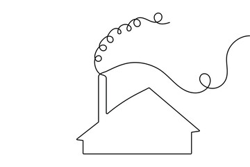 Continuous line art of a house, chimney emitting abstract smoke