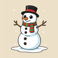Cute cartoon snowman with a top hat, carrot nose, striped scarf, and wooden arms standing on snow. Winter holiday illustration perfect for cards, kids decor, stickers, and festive designs