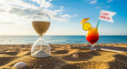 Hourglass on sand on beach with sea, cocktail nearby in background with inscription "Last minute", sale of summer vacation offers, vacation travel, tourism, travel agency, background concept