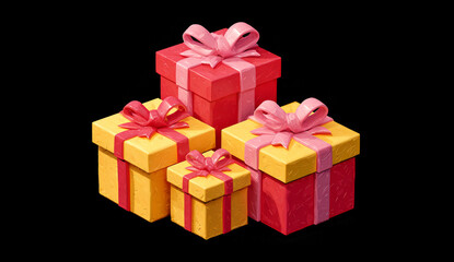 Fototapeta premium A set of cute gift boxes in vibrant red and yellow colors with contrasting ribbons and bows, featuring a smooth, slightly textured paper finish