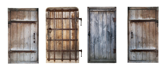 Old wooden closed door isolated on white background.