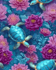 Aqua Blue Sea Turtles with Magenta Peony Floral Seamless Pattern for Premium Textile Design