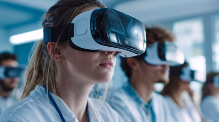 Medical professional wearing virtual reality headset during clinical training session in modern healthcare facility with colleagues observing simulation